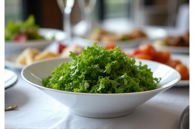 Eleganssi catering-pöydän asettelu, keskittyen raikkaaseen salaattitarjoiluun kauniissa kulhossa. Taustalla näkyy muita ruokalajeja ja pöydänkoristeita.