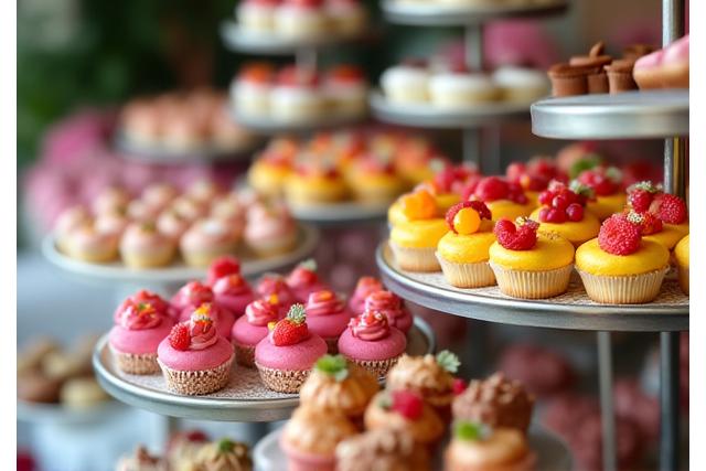 Kattava tarjoilu pieniä, makeita leivonnaisia ja jälkiruokia catering-tapahtumassa. Tarjolla on erilaisia kakkuja, muffinsseja ja macarons-leivoksia.