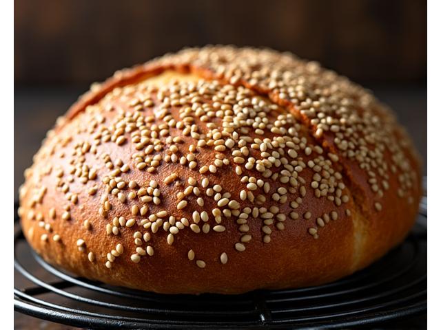 Pyöreä, rustiikkinen leipä, jonka pinnalla on runsaasti paahdettuja seesaminsiemeniä. Lähikuva kuoren tekstuurista.