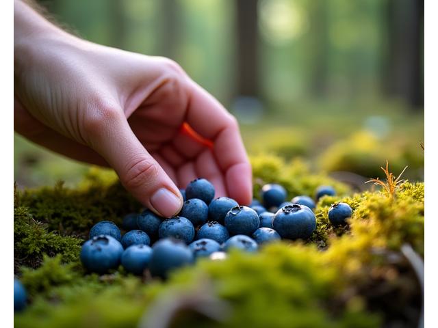 Käsi poimii tuoreita marjoja suomalaisesta metsästä, kuvastaa paikallisten raaka-aineiden hankintaa Revontuli Delightsille.